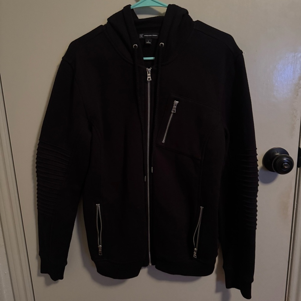 INC International Concepts Black Zip-Up Hooded Sweater Jacket